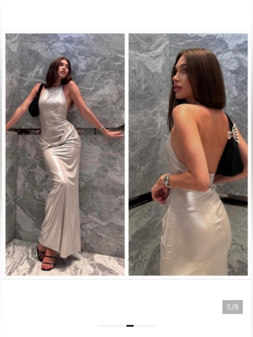Zara Silver Satin Halter Backless Gown M
